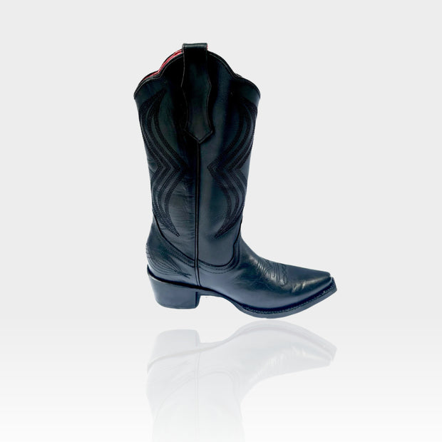 High cowboy leather boots in black