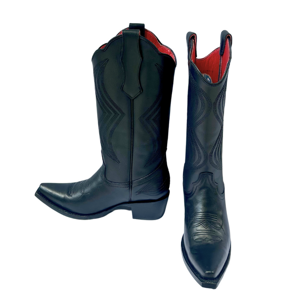 High cowboy leather boots in black