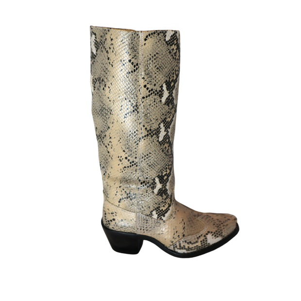 High snake print leather boots